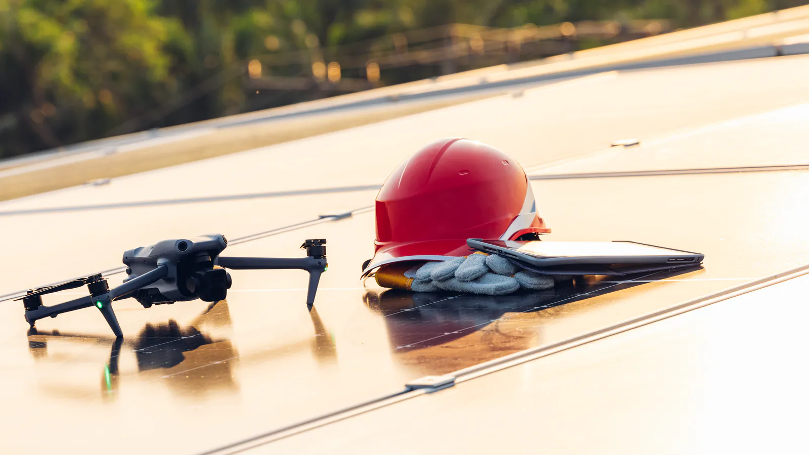 Dron, casco de seguridad y tableta listos para una jornada de vuelo