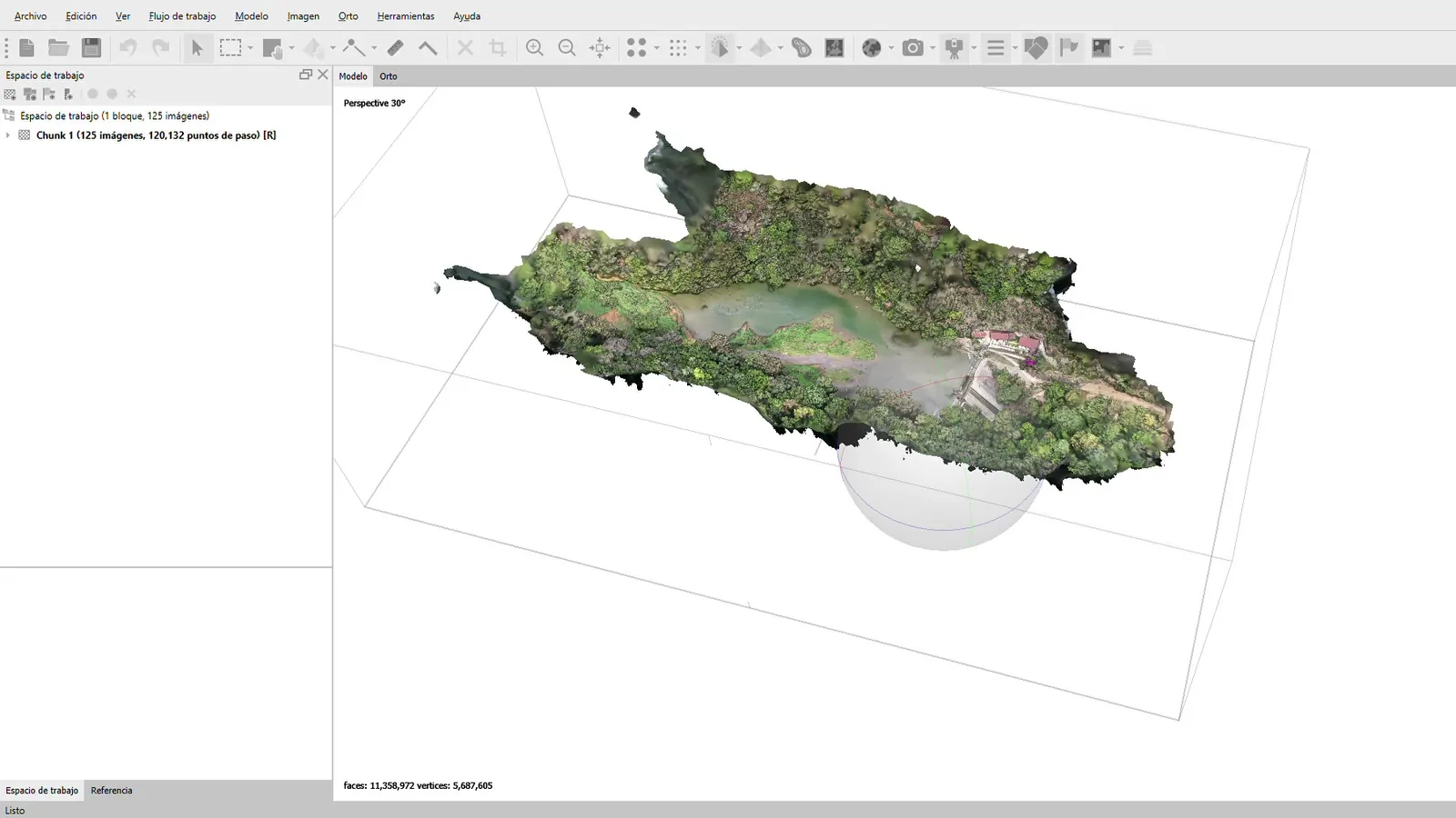 Modelo 3D texturizado de un terreno con laguna, reconstruido en Agisoft Metashape