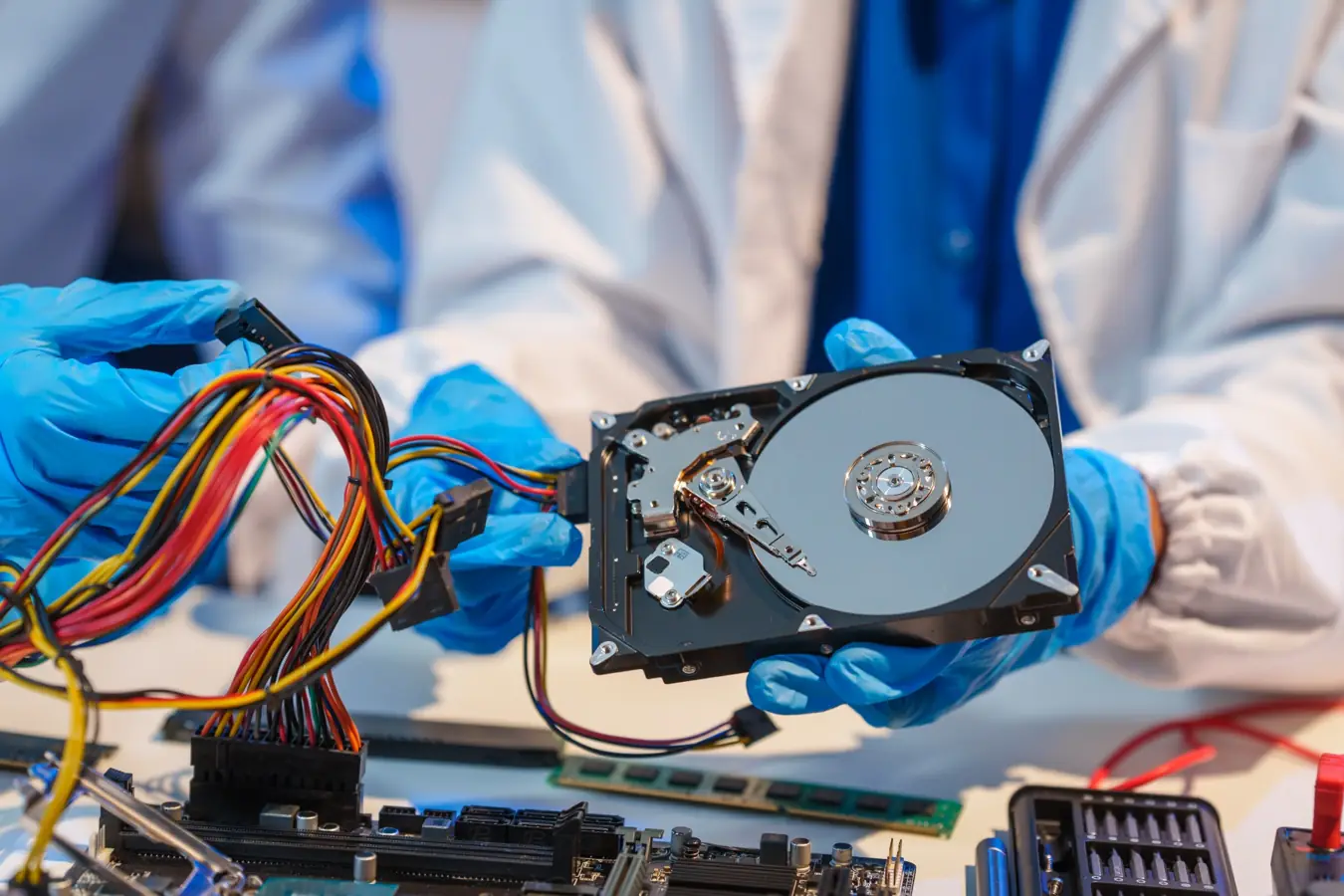Técnico sosteniendo un disco duro durante un proceso de recuperación de datos